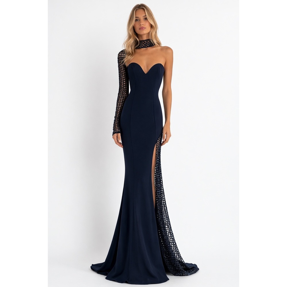 Lexi Vesta Strapless Gown French Navy US 4 NWT Evening Dress choker one sleeve